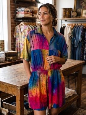 Vintage S Roberts Tie Dye Romper Womens Medium Rayon Embroidered Boho Festival